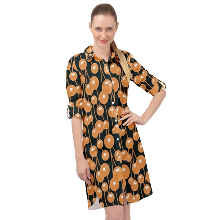 Orange Dandelions On A Dark Background Long Sleeve Mini Shirt Dress