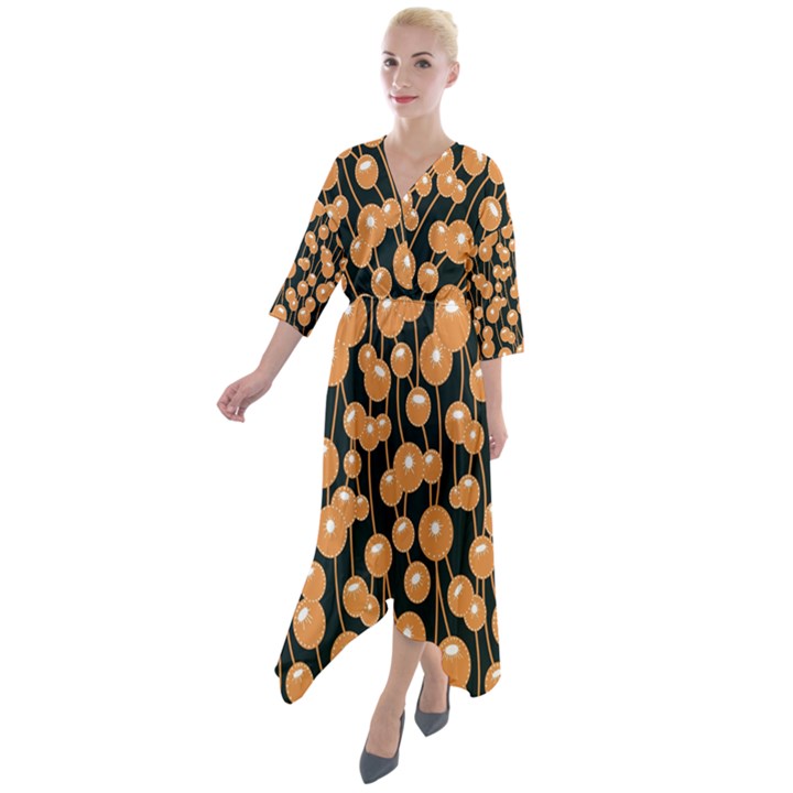 Orange Dandelions On A Dark Background Quarter Sleeve Wrap Front Maxi Dress