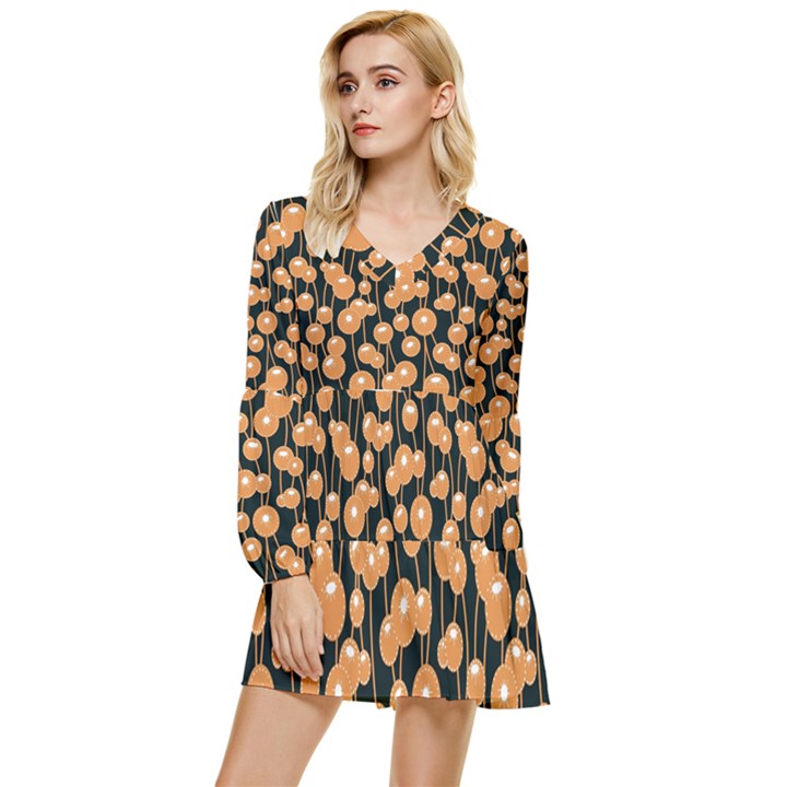 Orange Dandelions On A Dark Background Tiered Long Sleeve Mini Dress