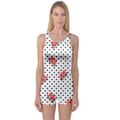 Red Vector Roses And Black Polka Dots Pattern One Piece Boyleg Swimsuit by Casemiro