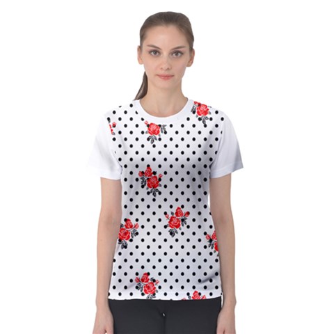 Red Vector Roses And Black Polka Dots Pattern Women s Sport Mesh Tee by Casemiro