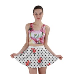 Red Vector Roses And Black Polka Dots Pattern Mini Skirt by Casemiro