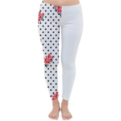 Red Vector Roses And Black Polka Dots Pattern Classic Winter Leggings by Casemiro