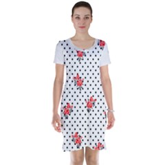 Red Vector Roses And Black Polka Dots Pattern Short Sleeve Nightdress by Casemiro