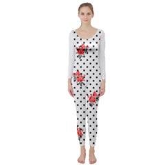 Red Vector Roses And Black Polka Dots Pattern Long Sleeve Catsuit by Casemiro