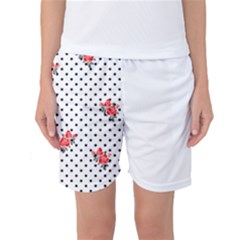 Red Vector Roses And Black Polka Dots Pattern Women s Basketball Shorts by Casemiro