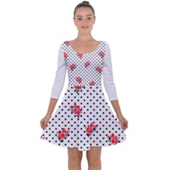 Red Vector Roses And Black Polka Dots Pattern Quarter Sleeve Skater Dress by Casemiro