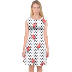 Red Vector Roses And Black Polka Dots Pattern Capsleeve Midi Dress by Casemiro