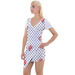 Red Vector Roses And Black Polka Dots Pattern Short Sleeve Asymmetric Mini Dress