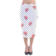 Red Vector Roses And Black Polka Dots Pattern Velvet Midi Pencil Skirt by Casemiro