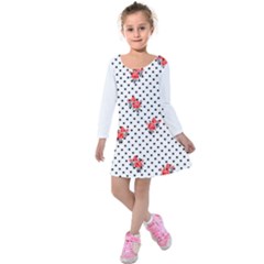 Red Vector Roses And Black Polka Dots Pattern Kids  Long Sleeve Velvet Dress