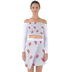 Red Vector Roses And Black Polka Dots Pattern Off Shoulder Top With Skirt Set by Casemiro