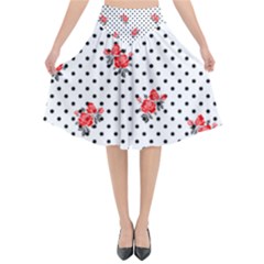 Red Vector Roses And Black Polka Dots Pattern Flared Midi Skirt by Casemiro