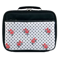 Red Vector Roses And Black Polka Dots Pattern Lunch Bag by Casemiro