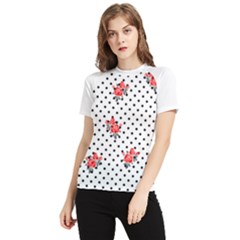 Red Vector Roses And Black Polka Dots Pattern Women s Short Sleeve Rash Guard by Casemiro