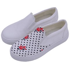 Red Vector Roses And Black Polka Dots Pattern Kids  Canvas Slip Ons by Casemiro