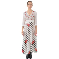 Red Vector Roses And Black Polka Dots Pattern Button Up Boho Maxi Dress by Casemiro