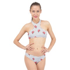 Red Vector Roses And Black Polka Dots Pattern High Neck Bikini Set by Casemiro