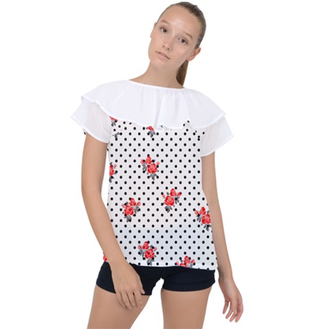 Red Vector Roses And Black Polka Dots Pattern Ruffle Collar Chiffon Blouse by Casemiro