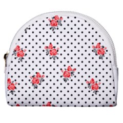 Red Vector Roses And Black Polka Dots Pattern Horseshoe Style Canvas Pouch by Casemiro