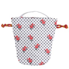 Red Vector Roses And Black Polka Dots Pattern Drawstring Bucket Bag by Casemiro