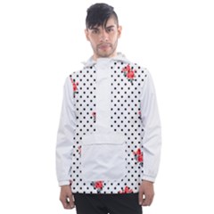 Red Vector Roses And Black Polka Dots Pattern Men s Front Pocket Pullover Windbreaker by Casemiro