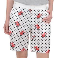 Red Vector Roses And Black Polka Dots Pattern Pocket Shorts by Casemiro