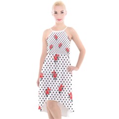 Red Vector Roses And Black Polka Dots Pattern High-low Halter Chiffon Dress  by Casemiro