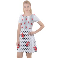 Red Vector Roses And Black Polka Dots Pattern Cap Sleeve Velour Dress  by Casemiro