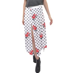 Red Vector Roses And Black Polka Dots Pattern Velour Split Maxi Skirt by Casemiro