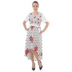 Red Vector Roses And Black Polka Dots Pattern Front Wrap High Low Dress by Casemiro