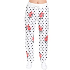 Red Vector Roses And Black Polka Dots Pattern Women Velvet Drawstring Pants