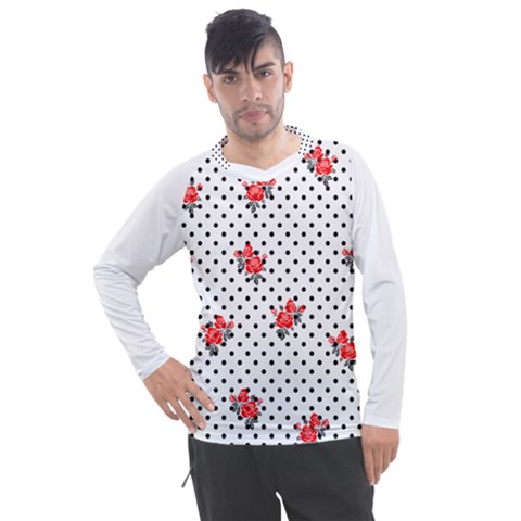 Red Vector Roses And Black Polka Dots Pattern Men s Pique Long Sleeve Tee by Casemiro