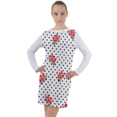 Red Vector Roses And Black Polka Dots Pattern Long Sleeve Hoodie Dress