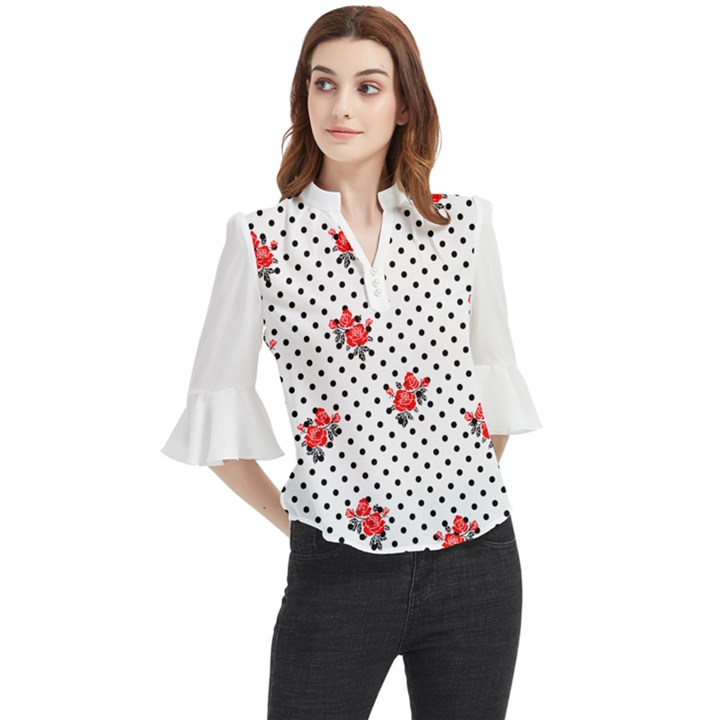 Red vector roses and black polka dots pattern Loose Horn Sleeve Chiffon Blouse