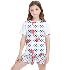 Red Vector Roses And Black Polka Dots Pattern Kids  Tee And Sports Shorts Set by Casemiro