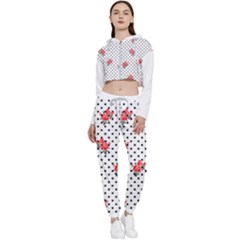 Red Vector Roses And Black Polka Dots Pattern Cropped Zip Up Lounge Set by Casemiro