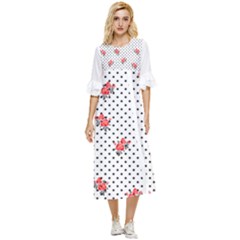 Red Vector Roses And Black Polka Dots Pattern Double Cuff Midi Dress