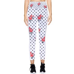 Red Vector Roses And Black Polka Dots Pattern Pocket Leggings  by Casemiro