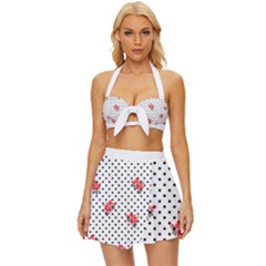 Red Vector Roses And Black Polka Dots Pattern Vintage Style Bikini Top And Skirt Set 