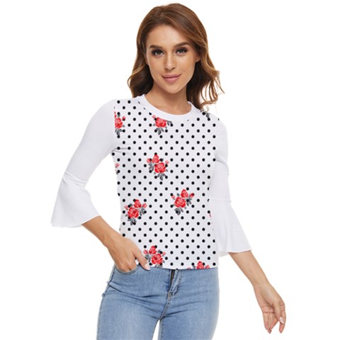 Red Vector Roses And Black Polka Dots Pattern Bell Sleeve Top by Casemiro