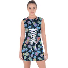 Multi-colored Circles Lace Up Front Bodycon Dress by SychEva