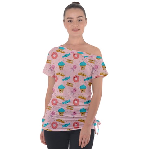 Funny Sweets With Teeth Off Shoulder Tie-up Tee by SychEva