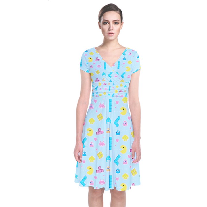 Arcade Dreams Blue  Short Sleeve Front Wrap Dress