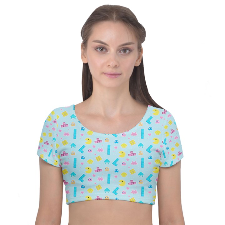 Arcade Dreams Blue  Velvet Short Sleeve Crop Top 