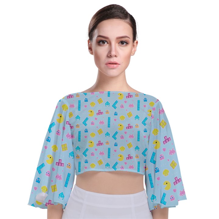 Arcade Dreams Blue  Tie Back Butterfly Sleeve Chiffon Top