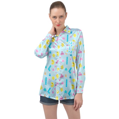 Arcade Dreams Blue  Long Sleeve Satin Shirt by thePastelAbomination