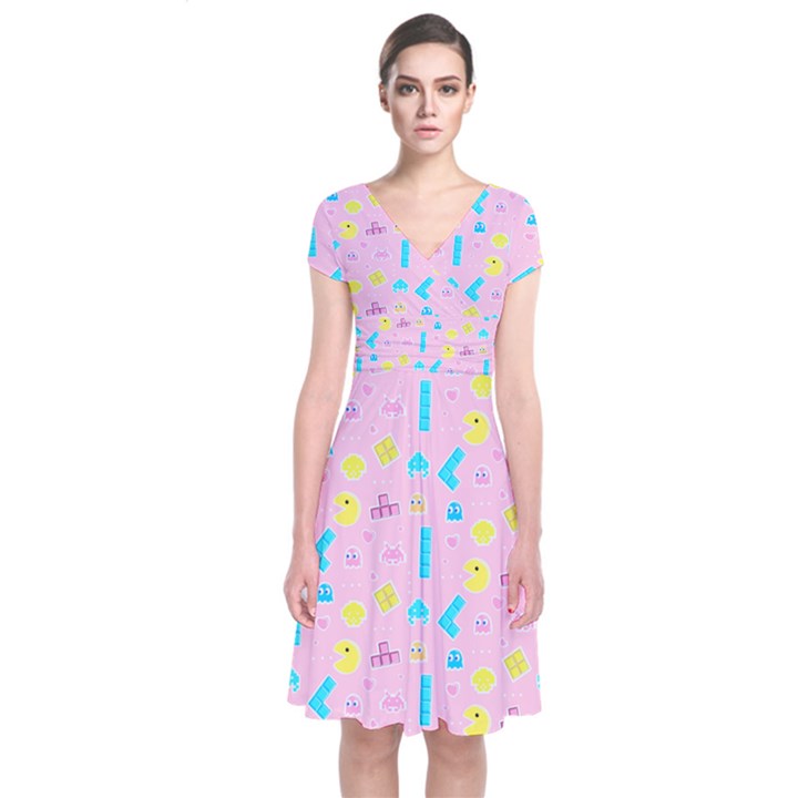 Arcade Dreams Pink Short Sleeve Front Wrap Dress