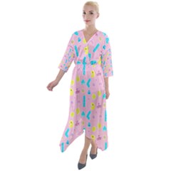 Arcade Dreams Pink Quarter Sleeve Wrap Front Maxi Dress