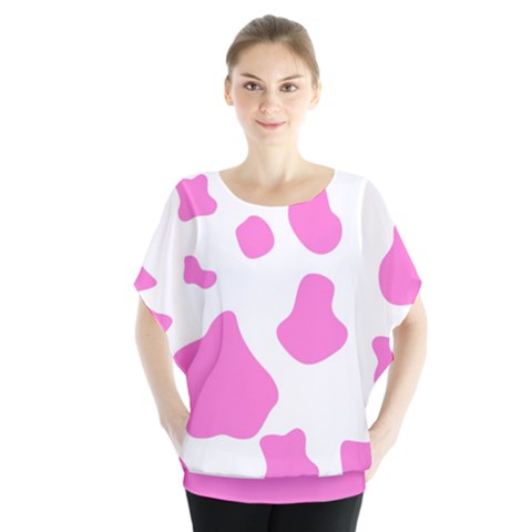 Pink Cow Spots, Large Version, Animal Fur Print In Pastel Colors Batwing Chiffon Blouse by Casemiro